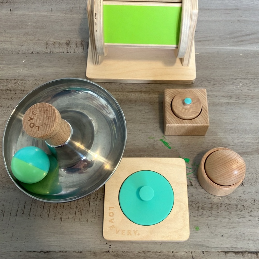 Lovevery toy bundle - Egg cup, tip and turn, spinning rainbow, first puzzle
